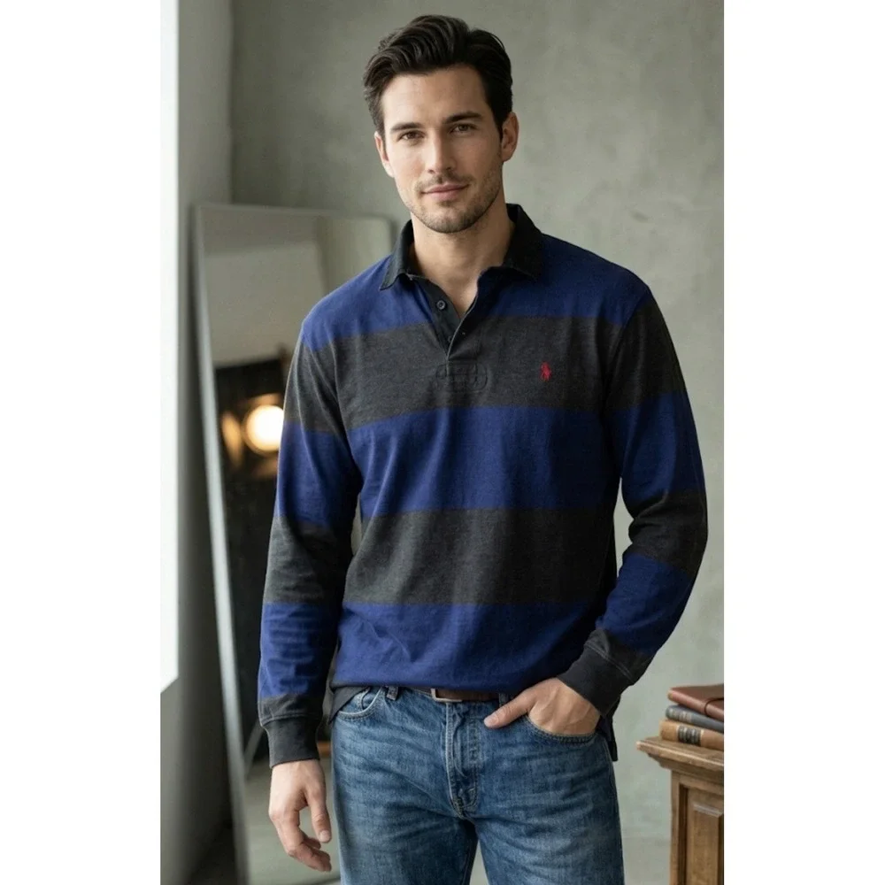 VTG 90s Polo Ralph Lauren Blue Gray Stripe Rugby Shirt Sz XL‎ Preppy Classic